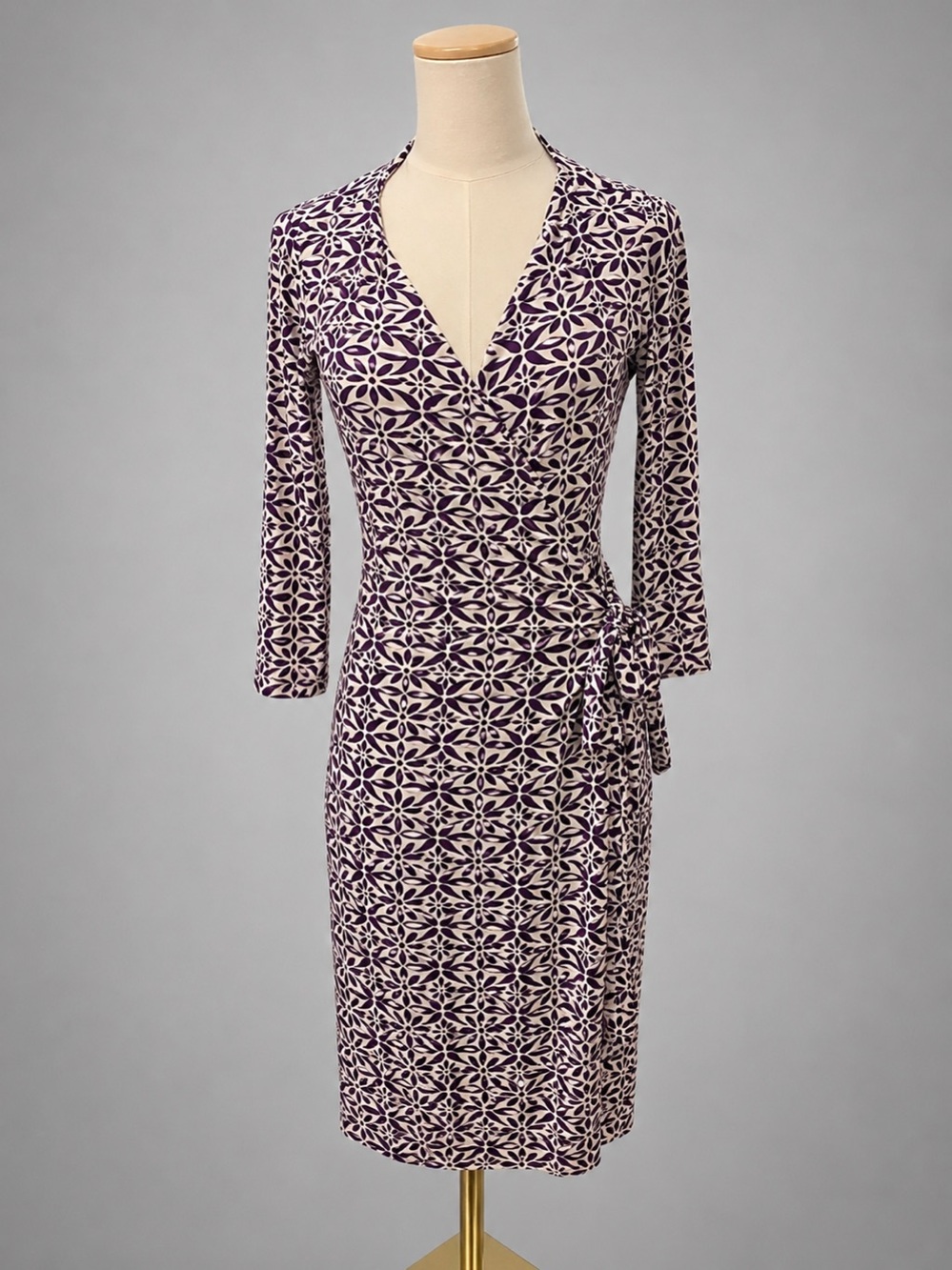 Diane Von Furstenberg Purple and Cream Floral Wrap Midi Dress